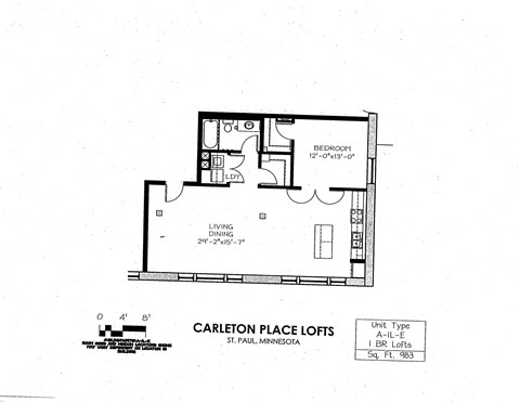 Floor plan for 1 bed, 1 bath, 983 sqft